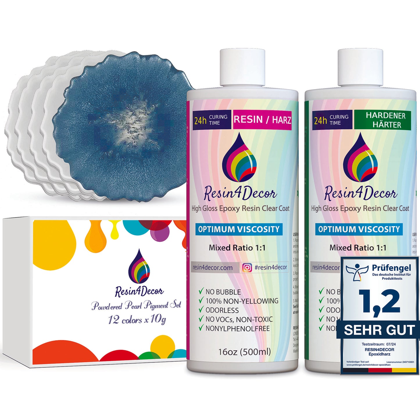 RESIN4DECOR Set Klares Epoxidharz 1000ml + Perlenpigment Set + Silikonformen