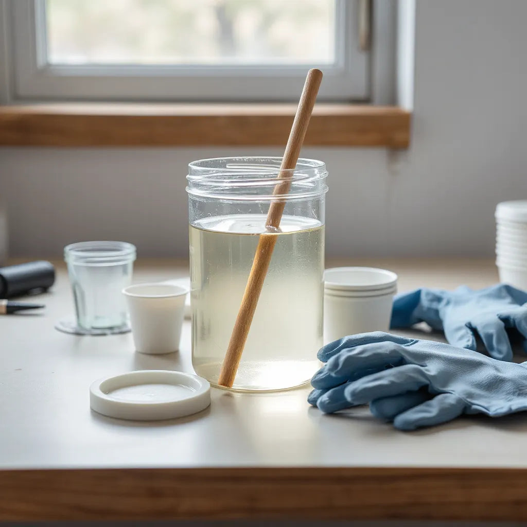 Transparente Epoxidharz-Mischung auf einer Werkbank mit Rührstab, Handschuhen und Formen