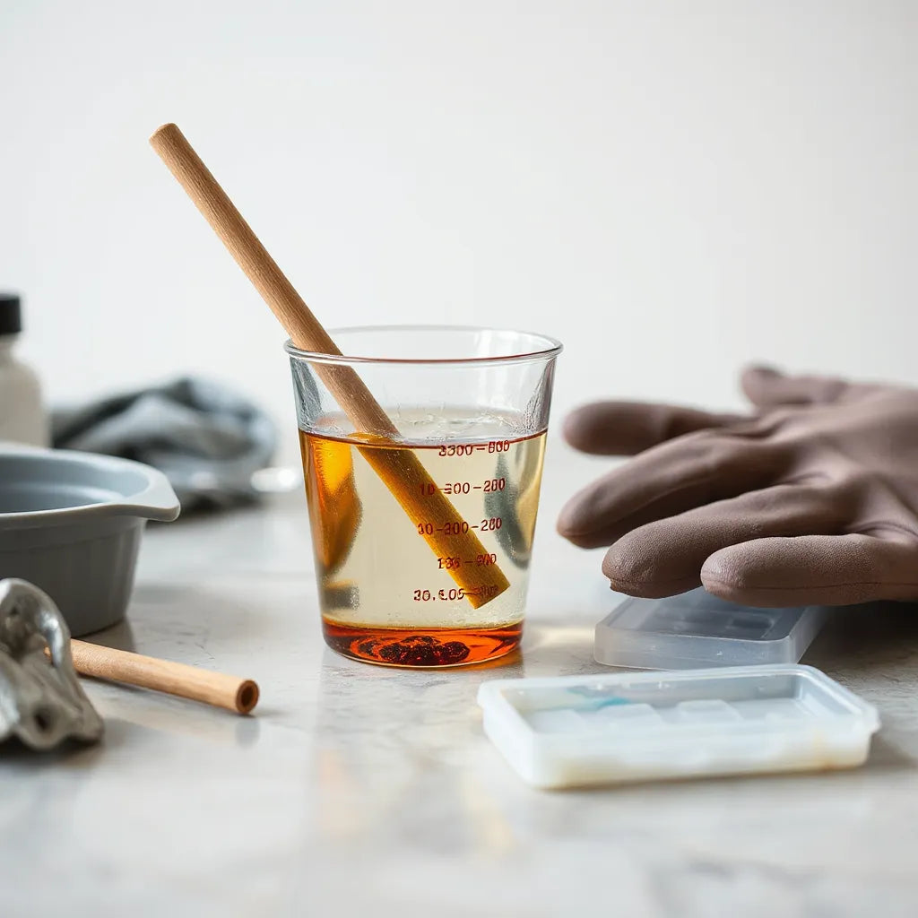 Epoxidharz wird in einer Mischschale mit Handschuhen und Rührstab gründlich verarbeitet