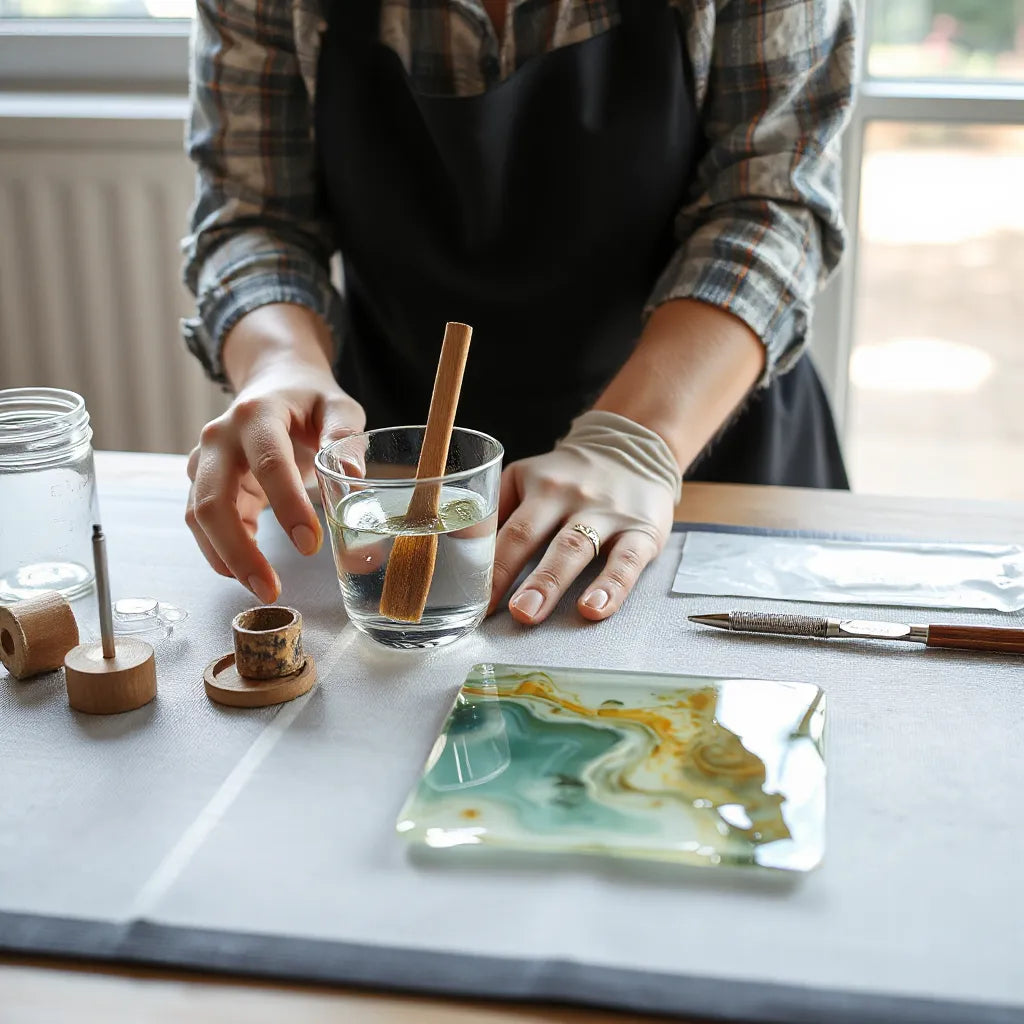 Klare Art-Resin-Mischung im Becher mit Gießteil und Werkzeugen auf einer Arbeitsunterlage
