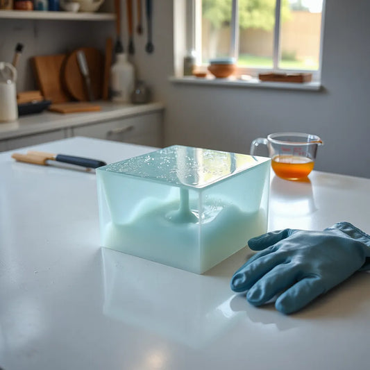 Transparenter Epoxidharz-Guss in einer Silikonform auf einer Werkbank mit Mixutensilien