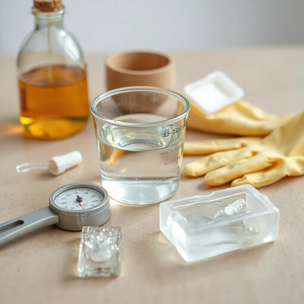 Klare Resin-Mischung in Becher, Rührstab und Silikonform auf sauberem Tisch