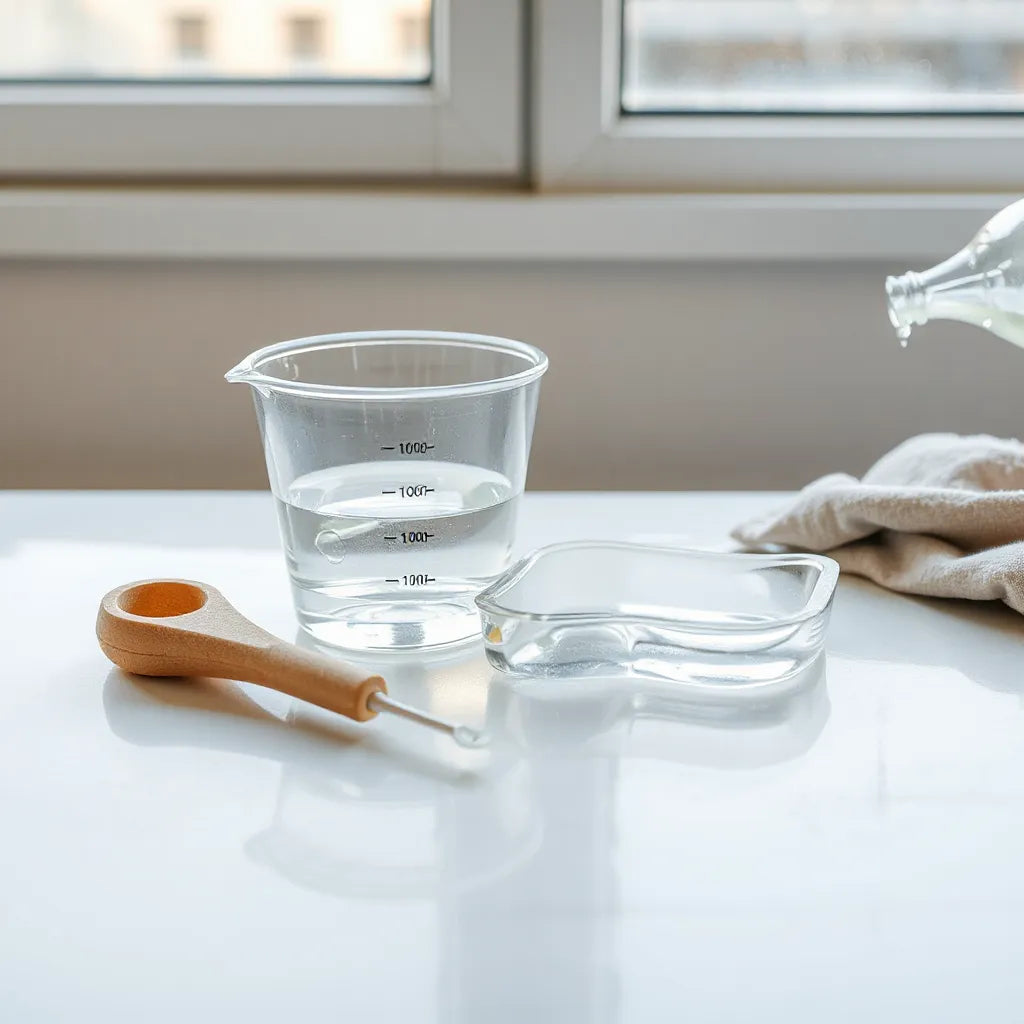 Klare Resinmischung wird in eine transparente Form gegossen, mit Messbecher und Mischwerkzeug auf sauberer Fläche