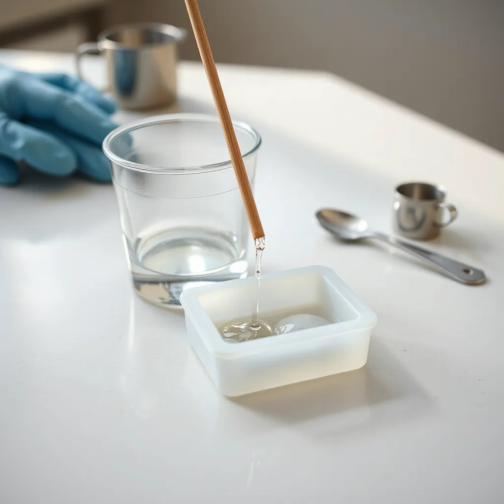 Transparente Epoxidharz-Mischung mit Gießvorgang in eine Silikonform auf sauberem Arbeitstisch