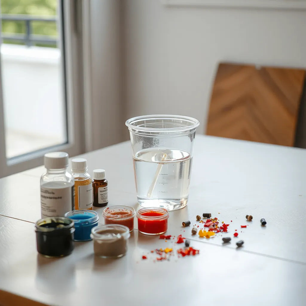 Glänzender Resin-Mix im Becher mit Rührstab und Silikonform auf hellem Arbeitstisch