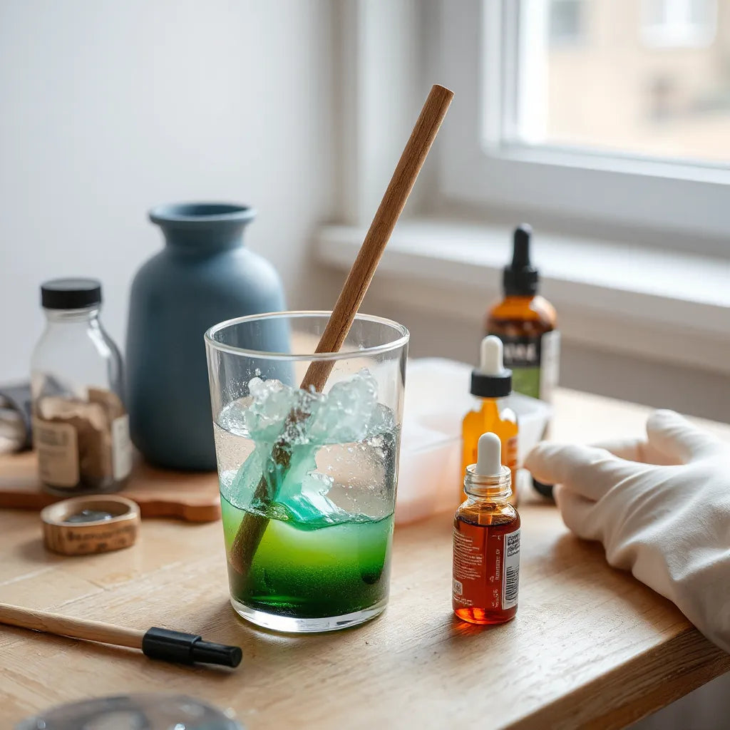 Klare Art-Resin-Mischung in der Arbeitsfläche mit Silikonform und Rührstab bei Tageslicht