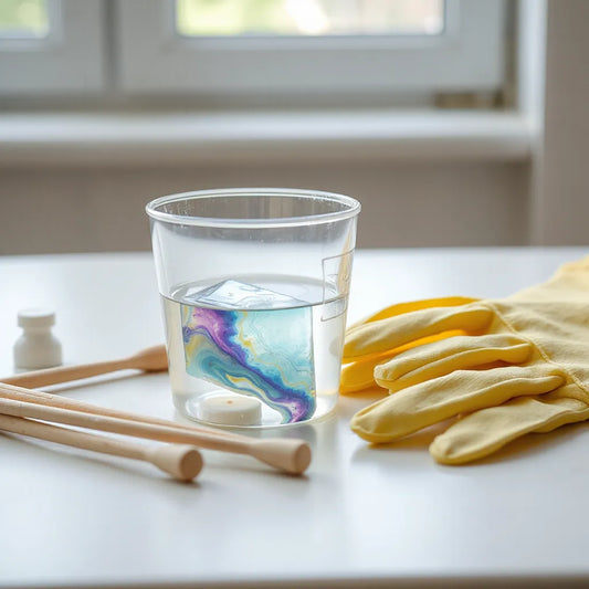 Klare Art-Resin-Gießform mit glänzendem Probestück, Rührstab und Handschuhen auf hellem Tisch