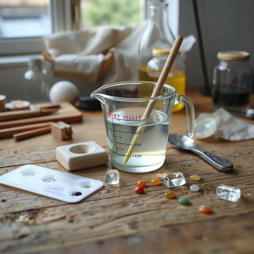 Klar gegossenes Art-Resin in einem Messbecher mit Rührstab und Silikonform auf einer Holzwerkbank