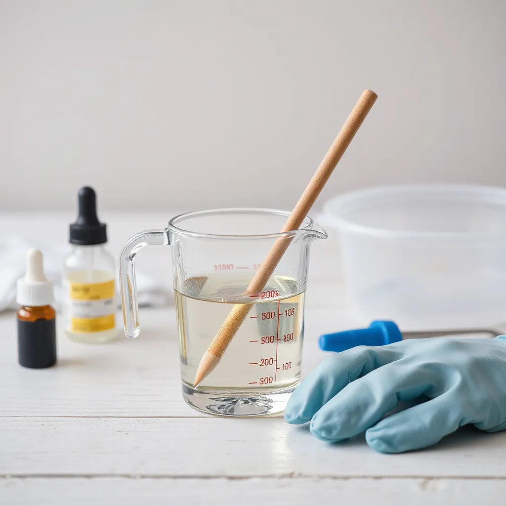 Epoxidharz wird in einem transparenten Messbecher mit Stab angerührt, daneben liegen Handschuhe und Mischbehälter.