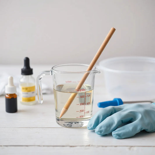 Epoxidharz wird in einem transparenten Messbecher mit Stab angerührt, daneben liegen Handschuhe und Mischbehälter.