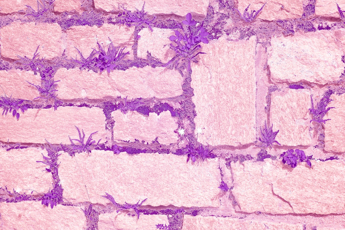 A brick wall with purple vines growing on it