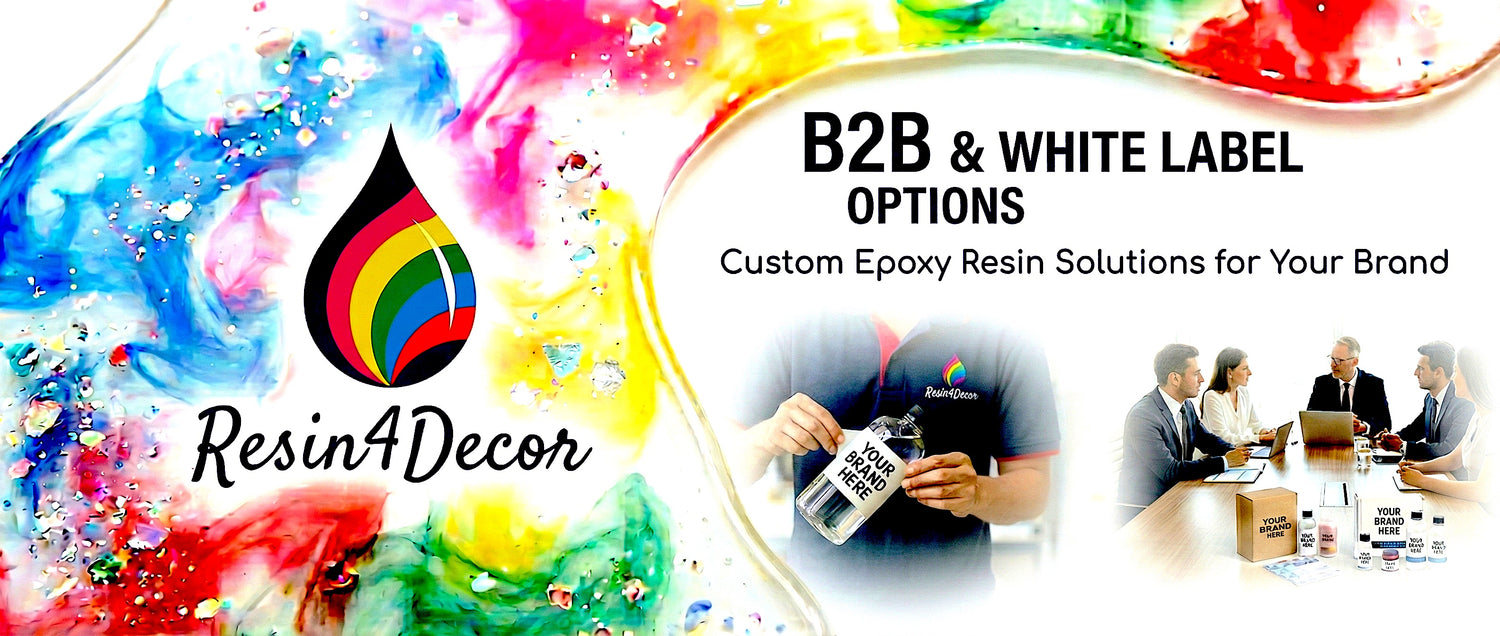 Promotional banner for Resin4Decor with colorful abstract design and text about B2B and white label options.